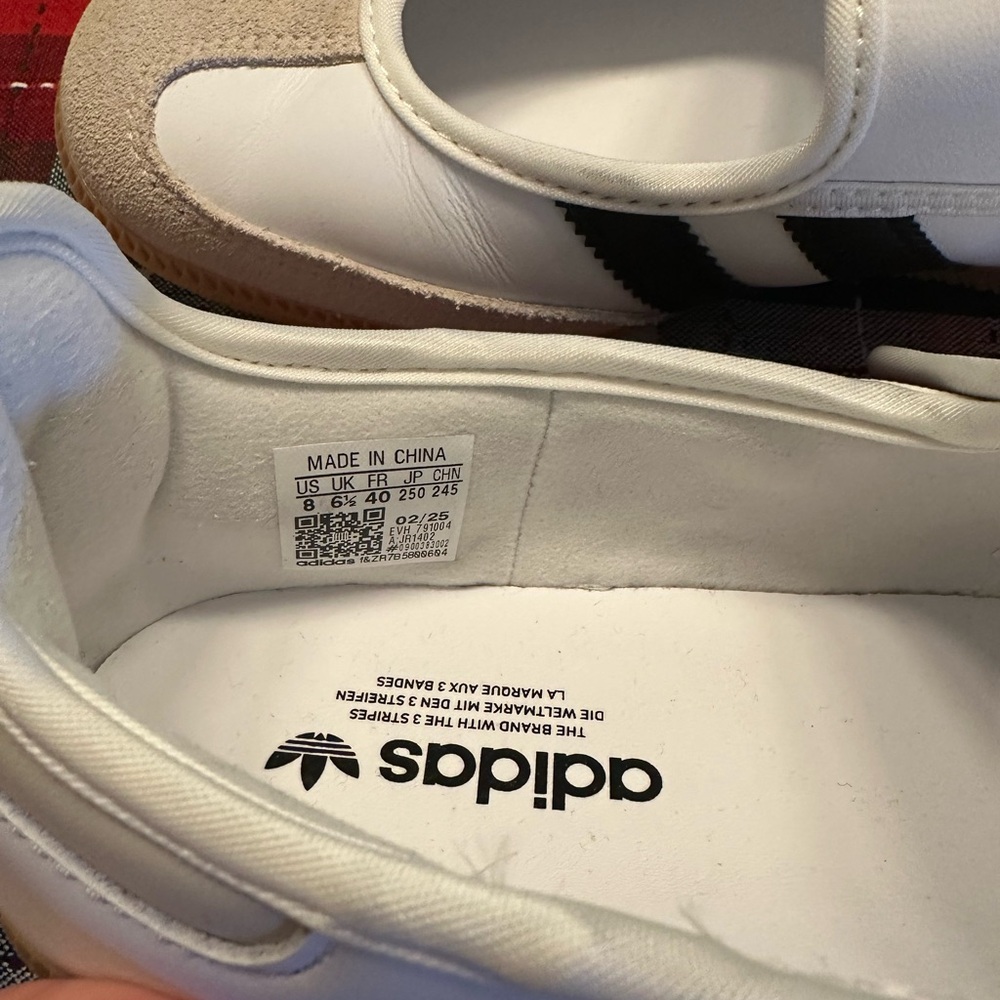 Adidas Samba Janes - White and Tan Flats with Black Stripes - Picture 12 of 14